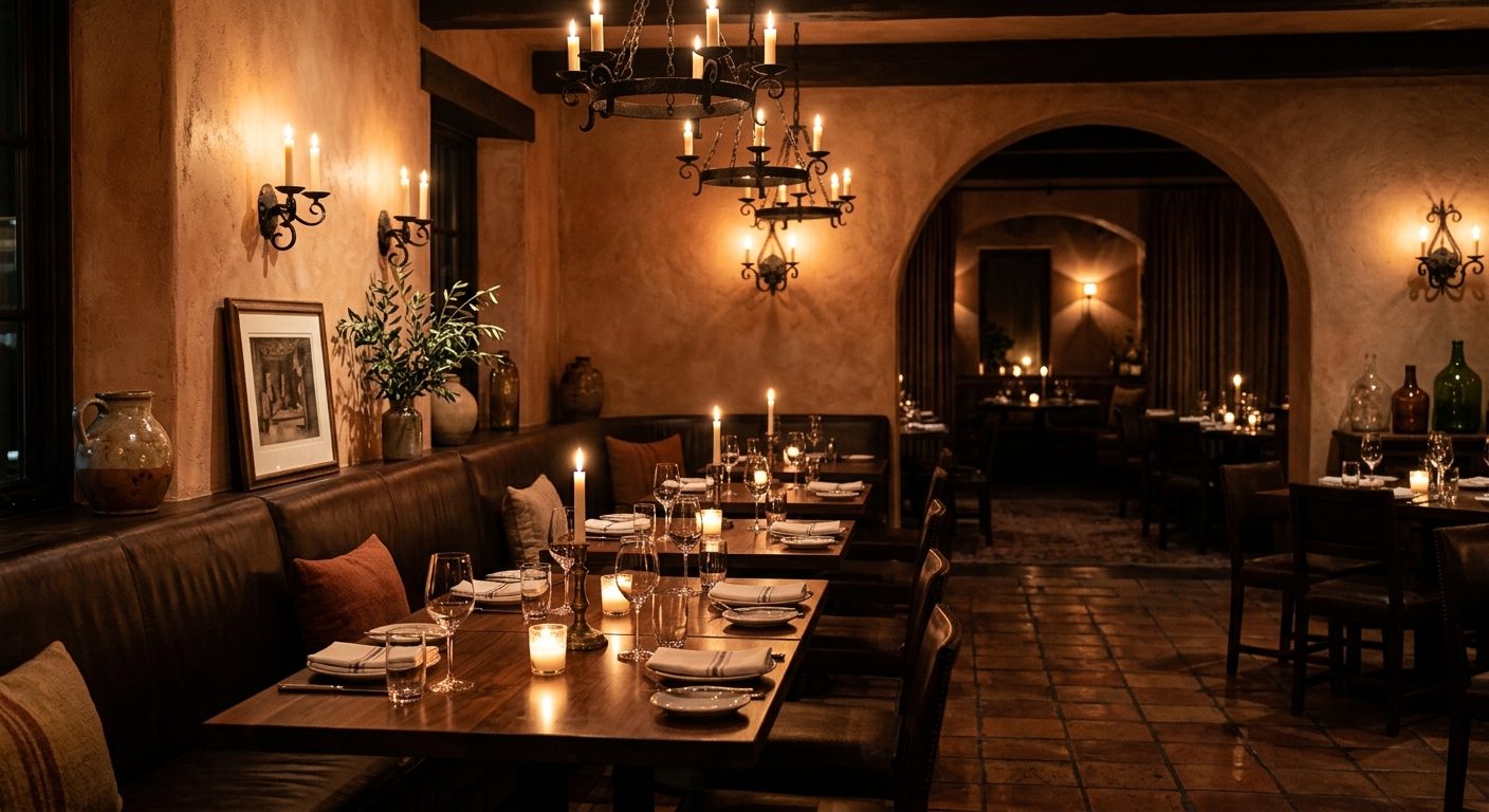 The dining room at Levante, lit by candles beneath arched doorways