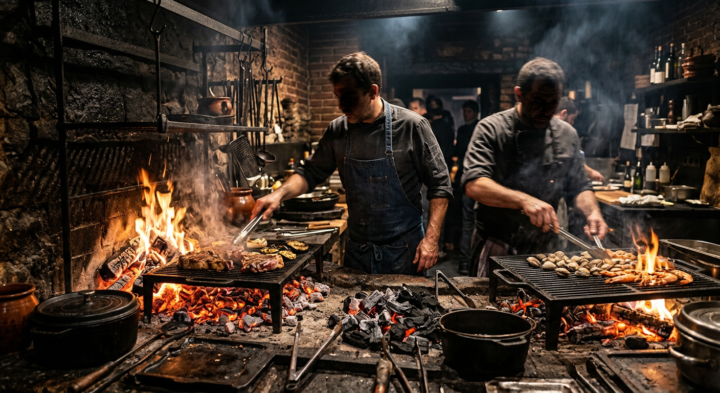 Chefs at the wood hearth in Levante's open kitchen